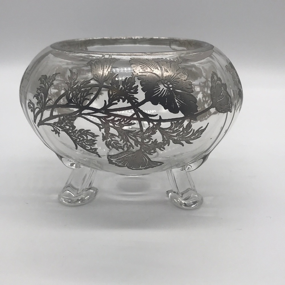Vintage Bowl Silver Overlay Footed Glass dish / bowl